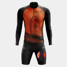 Conjunto Ciclismo Masculino Camisa Manga Longa Bike Roda Laranja e Bermuda Forro Espuma Uv50 Mtb
