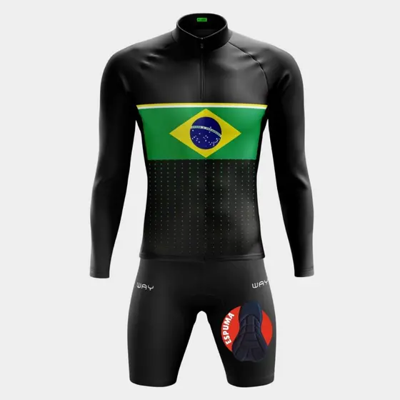 Conjunto Ciclismo Masculino Camisa Manga Longa Brasil Points e Bermuda Forro UV Mtb