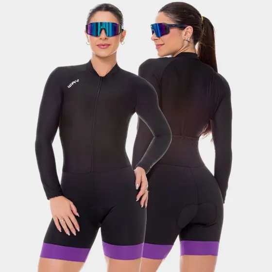 Macaquinho Ciclismo Feminino Macacão Forro Gel Preto Roxo Inverno Manga Longa Roupa Bike Pedal Mtb