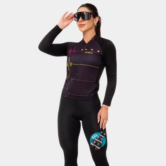 Roupa de Ciclismo Preta Camisa e Calça Proteção Solar