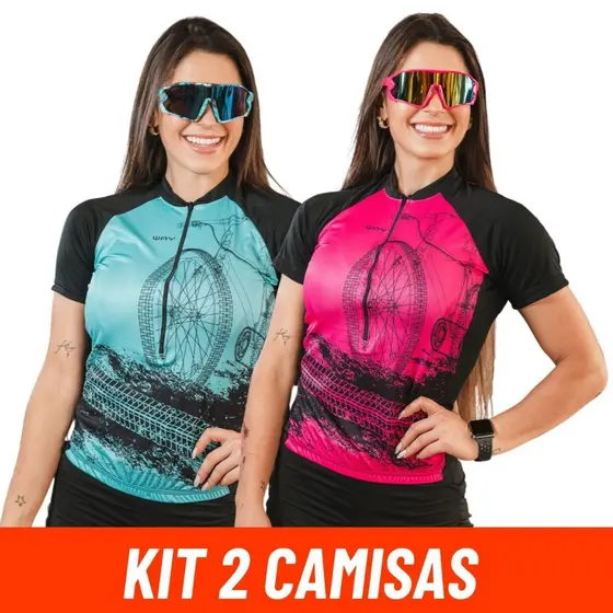Kit 2 Camisas Ciclismo Feminina Proteção Solar UV Manga Curta Pedal Camiseta  Bike Roda Rosa Azul Amarelo Mtb