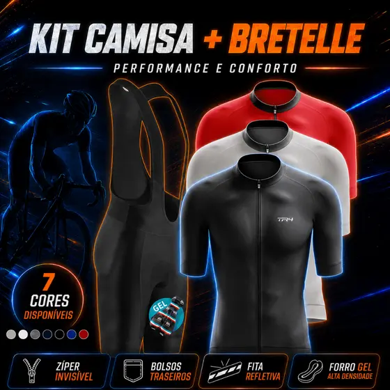 Conjunto Masculino Ciclismo Camisa Camiseta Zíper Total Premium Bretelle Forro Gel Bike Pedal Mtb