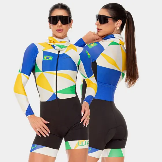Macaquinho Ciclismo Feminino Macacao Brasil Almofadado Bike Conjunto Ciclista Bolso MTB Speed UV50