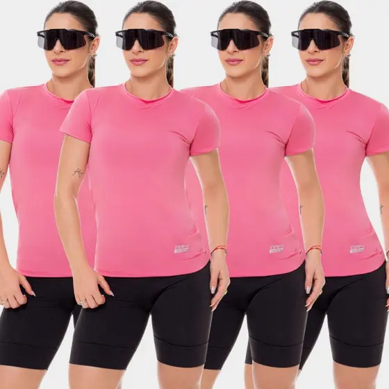 Kit 4 Camisa Camiseta Blusa Dry Fit Feminina Manga Curta Academia Treino Esportiva Corrida Caminhada Proteção Uv Rosa