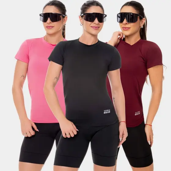 3 Camiseta Blusa Dry Fit Feminina Manga Curta Academia Treino Esportiva Corrida Uv Rosa Preto Vinho