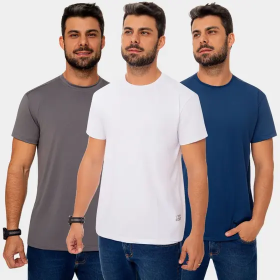 3 Camisa Camiseta Blusa Dry Fit Masculina Manga Curta Academia Treino Esportiva Corrida Uv Branco Cinza Azul Marinho