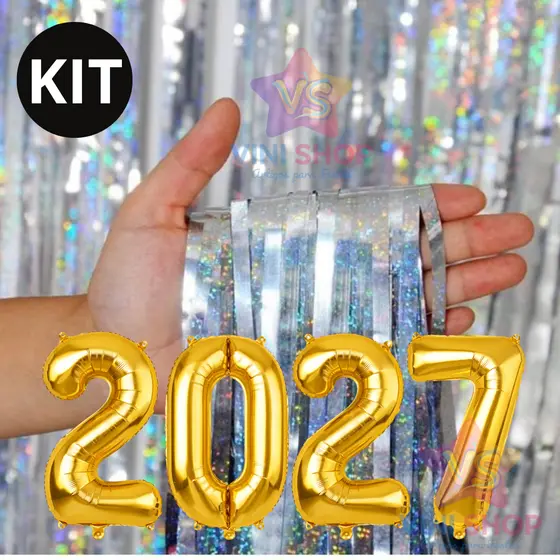 Kit Ano Novo 4 Balão Metalizado 16" ou 32" + 2 Cortinas Festa Holográfica 1mx2m de altura