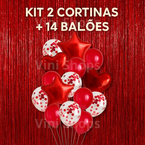 2 Cortinas + Kit 14 balões - vermelho / Dia dos namorados / Amor / Coração