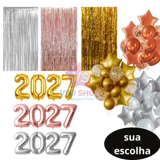 Kit Ano Novo C/ 14 Balões + 2 Cortinas Metalizadas + 4 Numeros de 16'' ou 32''