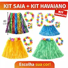 Kit Saia Havaiana 40cm + Kit Havaiano Completo (Colar, Pulseira e Coroa) Fantasia Carnaval