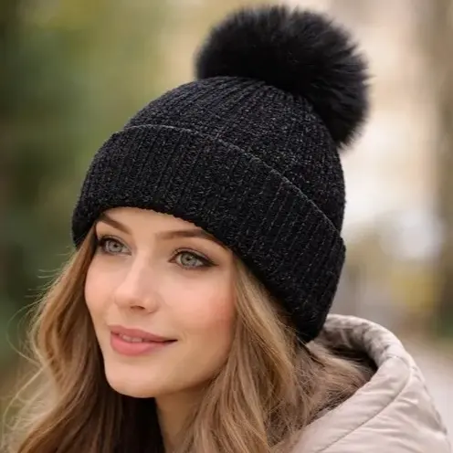 Touca Gorro Feminina de Lã Forrada com Pompom Térmica Super Quente Inverno Macia e Confortável