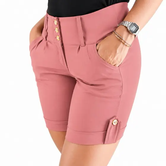 Bermuda Feminina Shorts Meia Coxa Bengaline Plus Size Cintura Alta