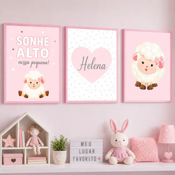 Quadro Decorativo 3 Peças Infantil Bebê Menina Ovelha Ovelinha Coração Personalizado com Nome