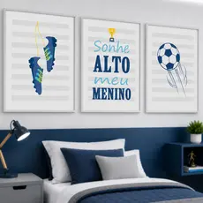 Quadro Quarto Menino 3 Peças Futebol Chuteira Sonhe Alto Estilo Moderno Infantil