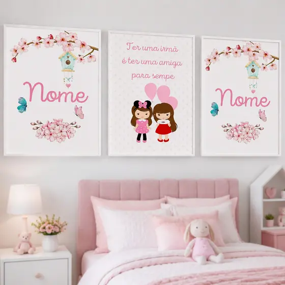 Quadro Decorativo 3 Peças Tema Irmãs com Flores Delicadas Personalizado para Meninas