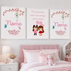 Quadro Decorativo 3 Peças Tema Irmãs com Flores Delicadas Personalizado para Meninas