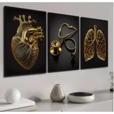 Quadro Decorativo 3 Peças Órgãos Dourados Medicina Enfermagem Gold Formação Moderno Sala Quarto