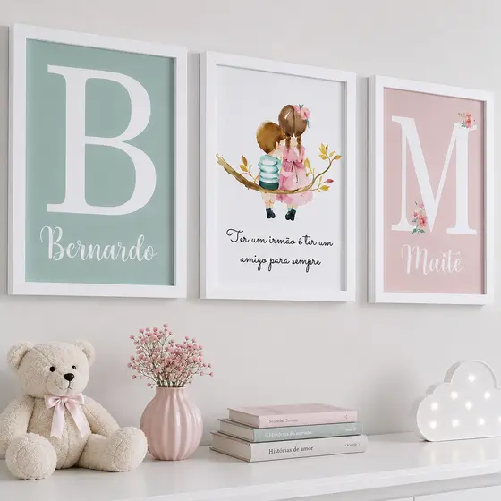 Quadro Decorativo Casal Irmãos Menina Iniciais Personalizado Família Amor União Afeto