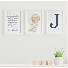Quadro Decorativo Santo Anjo Anjinho Orando Fé Infantil Nome Inicial Proteção Criança