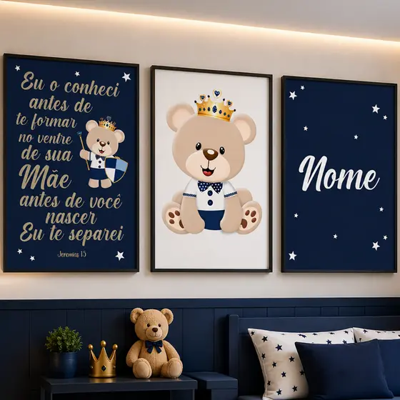 Quadro Decorativo Ursinho Príncipe Oração Azul Proteção Fé Infantil Bebê Nome