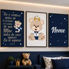 Quadro Decorativo Ursinho Príncipe Oração Azul Proteção Fé Infantil Bebê Nome