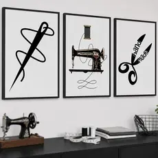 Quadro Decorativo Máquina Costura Linhas Agulha Tesoura Ateliê Ponto Roupas Vintage