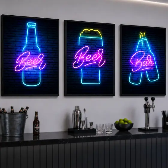 Quadro Decorativo Mosaico Neon Luzes Colorido Festa Ambiente Urbano Vibrante Moderno Energia