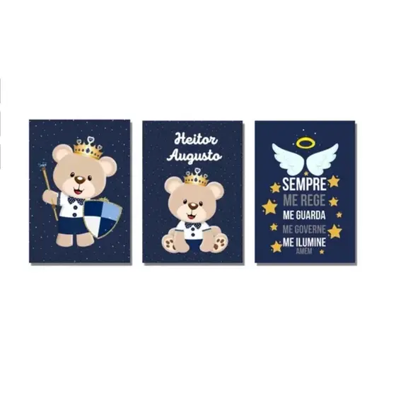 Quadro Decorativo Urso Príncipe Coroa Nome Personalizado Realeza Infantil Fofo Bebê
