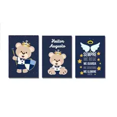 Quadro Decorativo Urso Príncipe Coroa Nome Personalizado Realeza Infantil Fofo Bebê