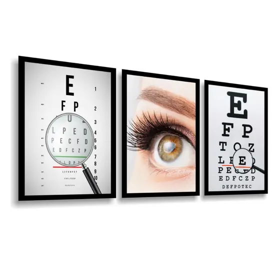 Quadro Decorativo Oftalmologia Visão Lupa Exame Olhos Letras Optometria Clínica Saúde