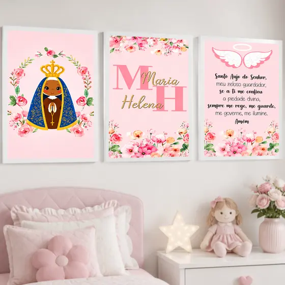 Quadro Decorativo Nossa Senhora Aparecida Anjo da Guarda Oração Nome Infantil Fé Proteção