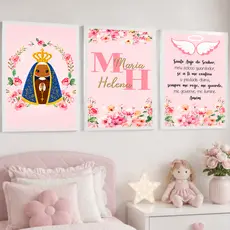 Quadro Decorativo Nossa Senhora Aparecida Anjo da Guarda Oração Nome Infantil Fé Proteção