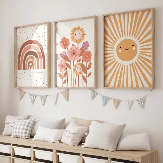 Quadro Decorativo Infantil Raio de Sol Flores Arco-íris Nuvem Boho