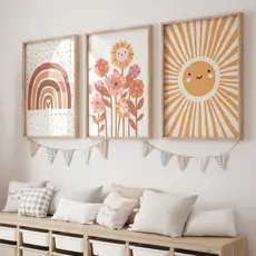 Quadro Decorativo Infantil Raio de Sol Flores Arco-íris Nuvem Boho