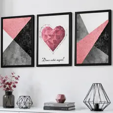 Quadro Decorativo 3 Peças Minimalista Geométrico Rosa Contemporâneo Deus Amor Religioso Pink Sala