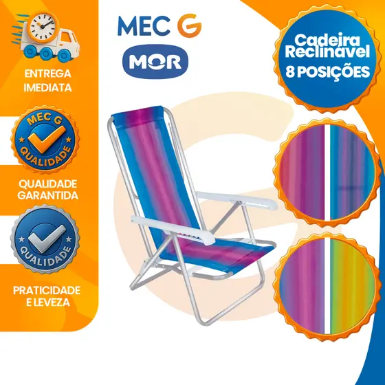 Cadeira de Praia Reclinavel em 8 Posições Aluminio Leve Resistente Suporte Até 100Kg Colorida Mor