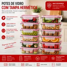 Kit 5 Pote Hermético 370ml/630ml/500ml/800ml/1000ml/1500ml Hermético Marmita Fit com Tampa 4 Travas