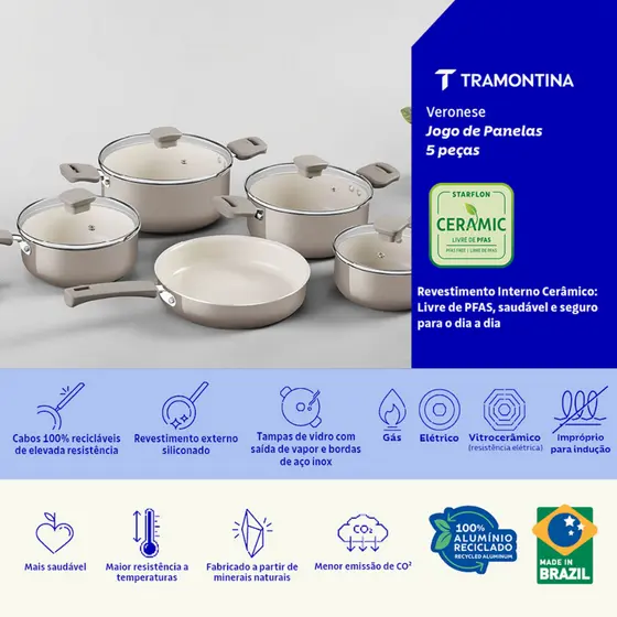 Jogo de Panelas Tramontina Veronese Cêramico e Aluminio Bege 5 Peças Antiaderente