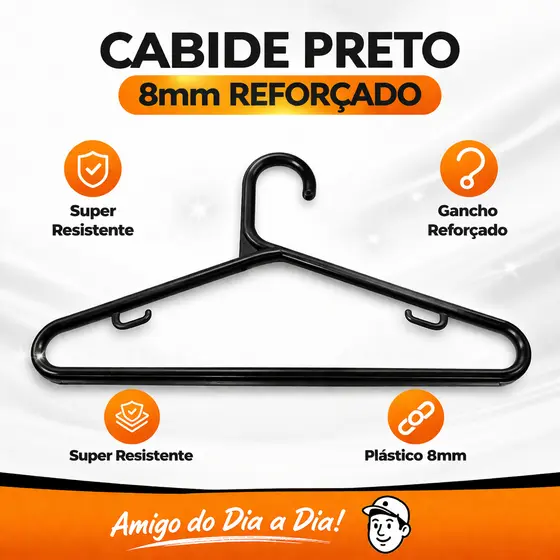 Kit 100 Cabides de Plástico Preto Modelo Tradicional  Adulto 8mm -