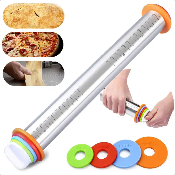 Rolo De Massa Ajustável Em Inox Anéis Nivelador Profissional Pizzas Pão