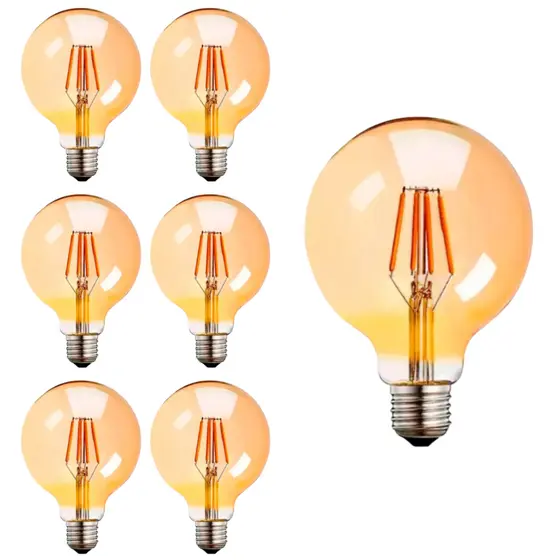 Kit 7x Lâmpada Filamento LED Retrô Vintage Âmbar G80 4W Bivolt