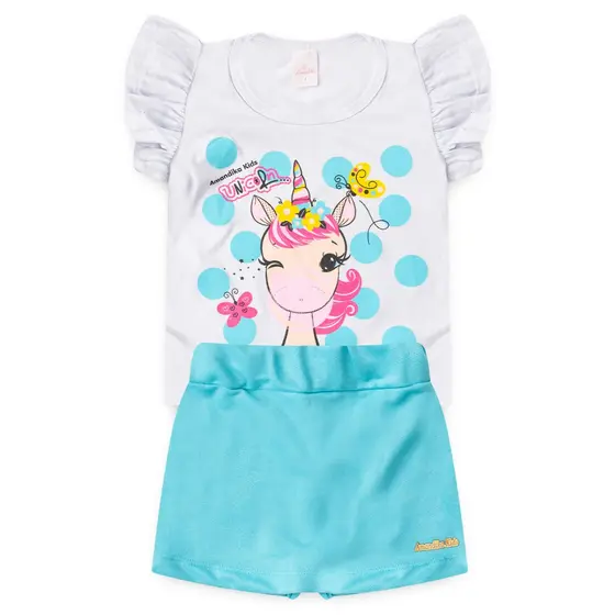 Conjunto De Menina Feminino De Verão Short Saia Blusinha De Manga Franzida Baby look l09
