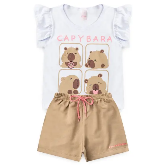 Conjunto Menina Infantil Feminino Verão Algodão Manga Franzida + Shorts Com Elástico Tendência L81