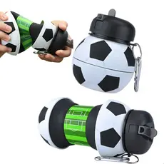 Garrafa Agua Bola de Futebol 500ml Silicone Dobrável para Lancheira Squeeze