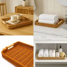 Bandeja Decorativa Tramada Rústica com Alça de Bambu para Servir Tipo Vime