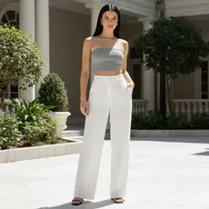 Calça Feminina Com Elástico Tecido Duna Moda Social Soltinha Pantalona Cintura Alta Casual