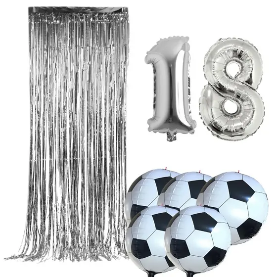 Kit 2 Números 40 cm + 5 Balão metalizado de Bola de futebol de 22" + 1 Cortina Prata 2x1m