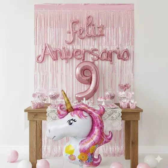 Kit Balão Metalizado Unicórnio 108 cm Cabeça + 1 Cortina Rosa + Feliz Aniversário Rosa Cursivo + 1 Número 40 cm