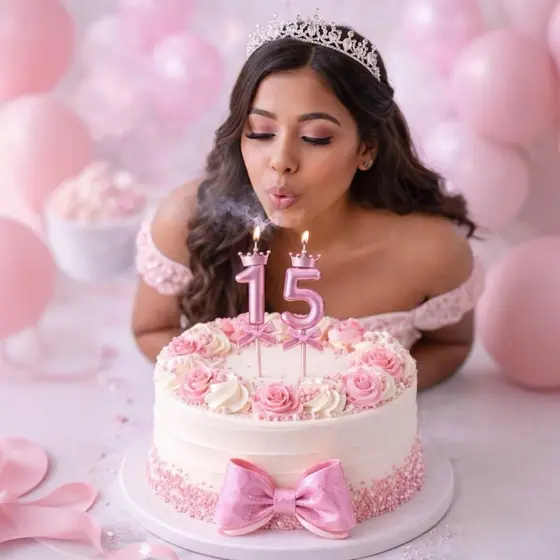 Kit 2 Velas De Número Decorativo Rosê de Aniversário Topo De Bolo Com Coroa e Laço Aniversário