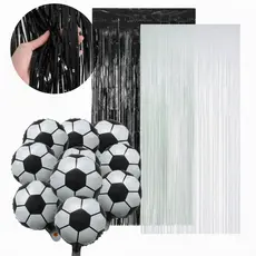 kit 2 Cortinas Metalizada 1 Preta e 1 Branca + 10 Balões Bola de Futebol Preta e Branco